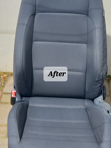 Same car seat after professional cleaning — restored clean upholstery