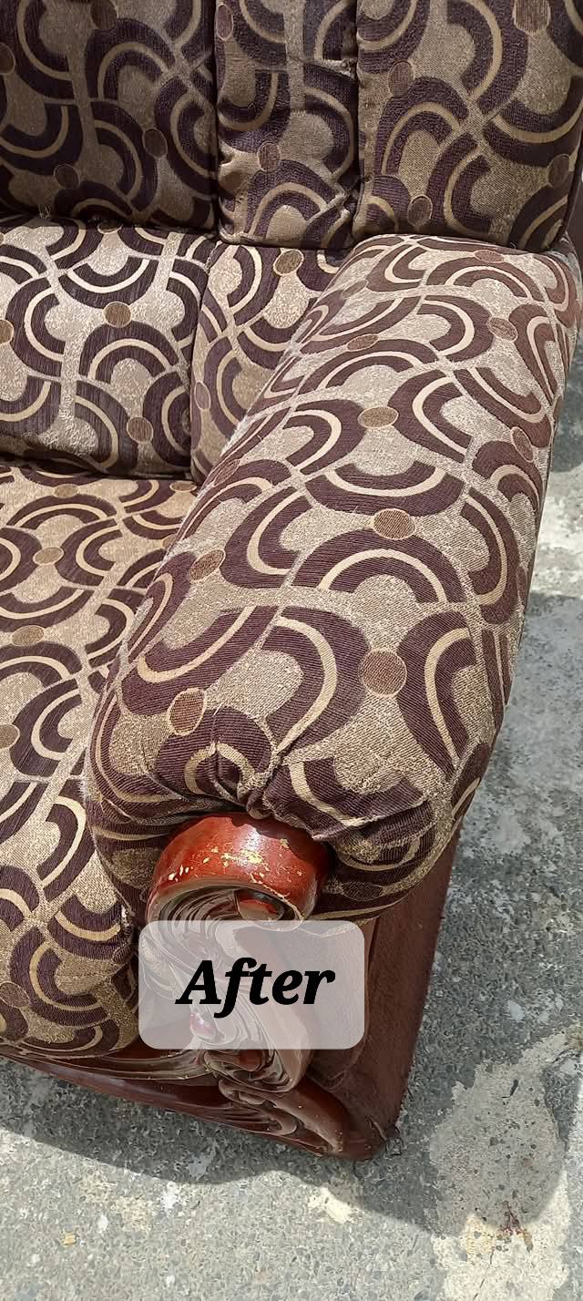 Same upholstered couch after professional deep cleaning — restored fabric and colour