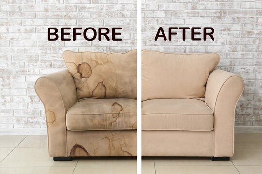 Before and after couch deep cleaning comparison showing dramatic stain removal and restored fabric